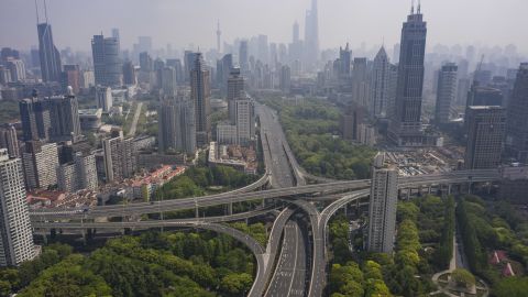 Nearly empty roads in Shanghai during a city-wide roadblock on April 21.