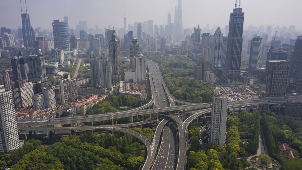 Nearly-empty roads in Shanghai during a citywide lockdown on April 21.