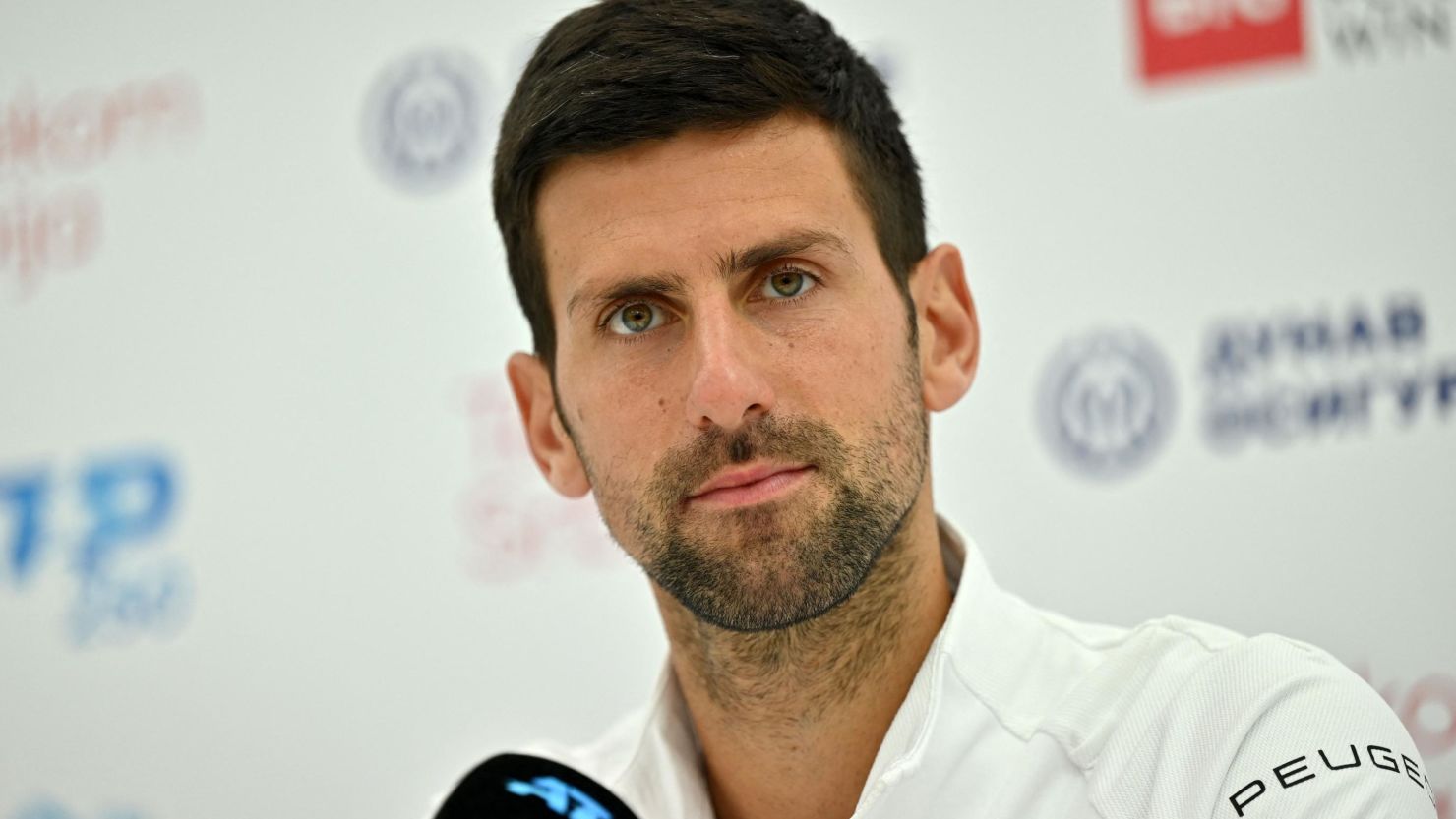 Novak Djokovic attends a press conference during the Serbia Open in Belgrade on April 18, 2022.