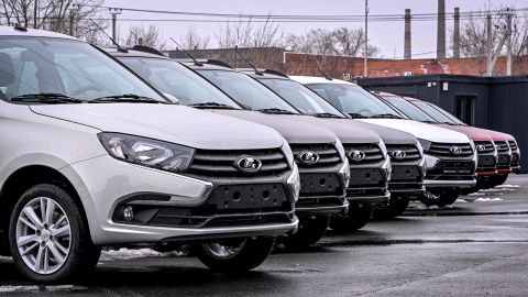 Lada automobiles stand at the parking lot of a Lada car dealership in Tolyatti, also known as Togliatti, on April 1.