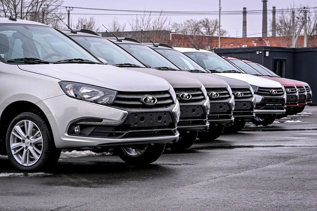 Lada automobiles stand at the parking lot of a Lada car dealership in Tolyatti, also known as Togliatti, on April 1.