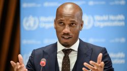 Football legend Didier Drogba delivers a speech after being appointed as the World Health Organization's Goodwill Ambassador for Sports and Health at the WHO headquarters, in Geneva, Switzerland, October 18, 2021. Fabrice Coffrini/Pool via REUTERS