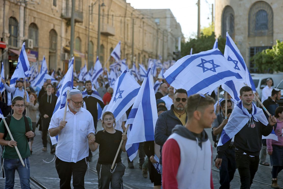 Israelis take part in a 'flag march' in Jerusalem organized by nationalist parties on Wednesday.