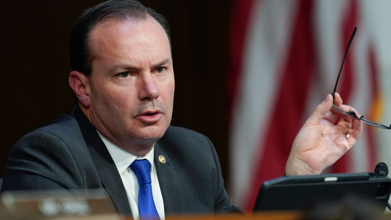 FILE - Sen. Mike Lee, R-Utah, questions Supreme Court nominee Ketanji Brown Jackson during a Senate Judiciary Committee confirmation hearing on Capitol Hill in Washington, March 23, 2022. Lee worked on early efforts to overturn the results of the 2020 election before shifting course, according to new text messages that drew condemnation from his re-election challengers after coming to light Friday, April 15. (AP Photo/Alex Brandon, File)