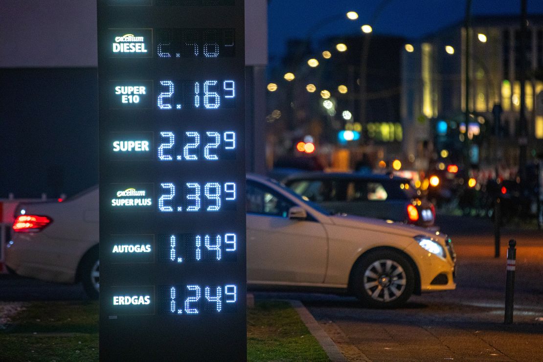 Fuel prices on a sign at a Total gas station in Berlin, Germany, on Tuesday, March 15, 2022. 