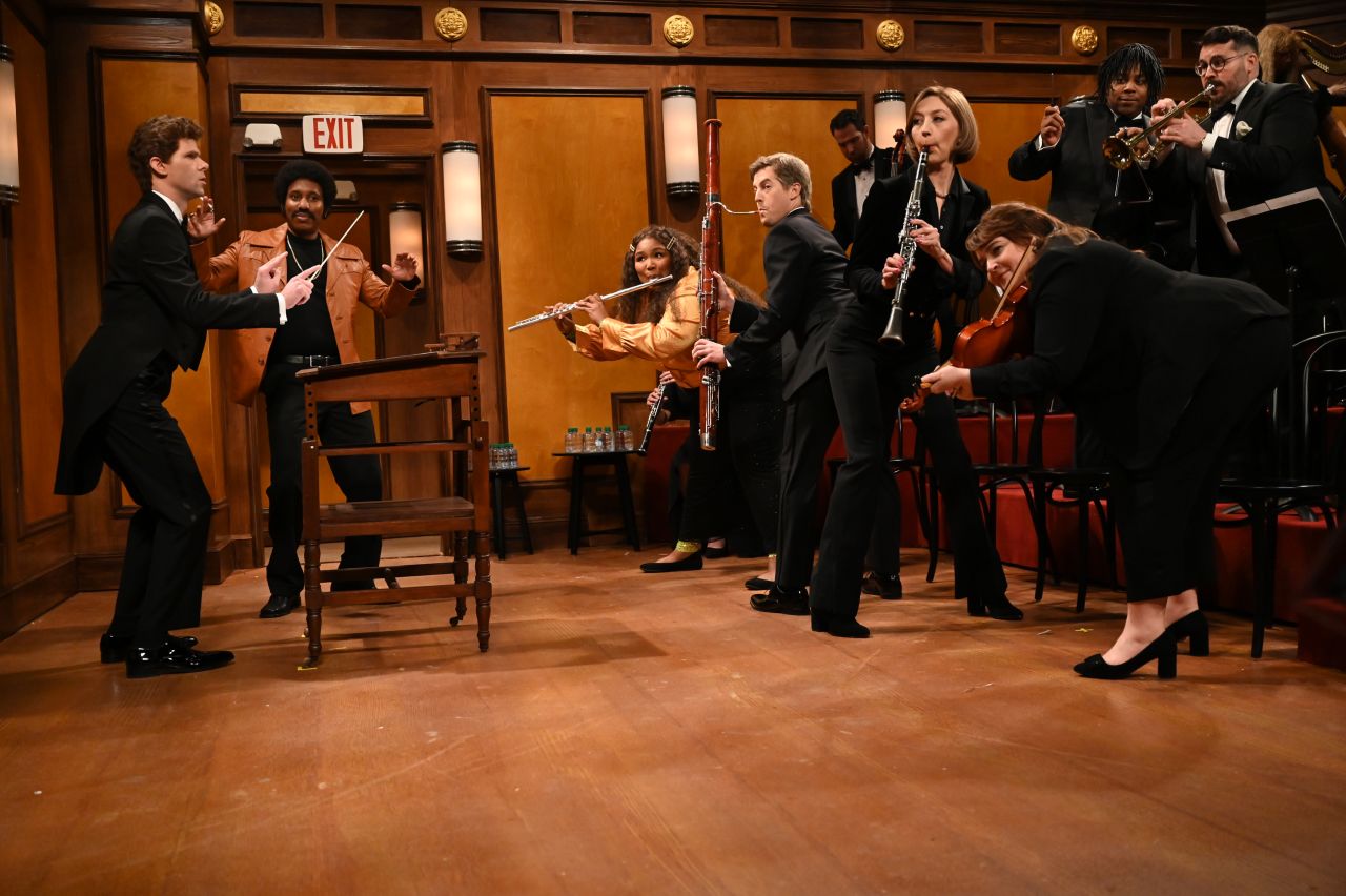 Singer Lizzo and cast members from "Saturday Night Live" perform as twerking orchestra members during a sketch on April 16.