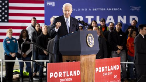 President Joe Biden speaks about the bipartisan infrastructure law at the Portland Air National Guard Base in Portland, Oregon, on Thursday, April 21, 2022.