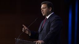 Ron DeSantis, governor of Florida, speaks during the Republican Jewish Coalition (RJC) Annual Leadership Meeting in Las Vegas, Nevada, U.S., on Saturday, Nov. 6, 2021. Following Tuesday's results, the National Republican Campaign Committee added 13 House Democrats to the list of 57 it was targeting for defeat in the midterm elections as the GOP seeks to erase Democrats five-seat margin in the House and control of the 50-50 Senate with Vice President Kamala Harris's vote. Photographer: Bridget Bennett/Bloomberg via Getty Images