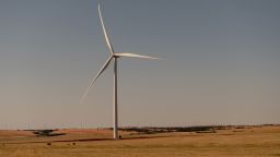 The morning sun illuminates a turbine near Weatherford, Oklahoma, on April 18.