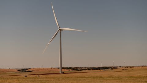 The morning sun illuminates a turbine near Weatherford, Oklahoma, in April.
