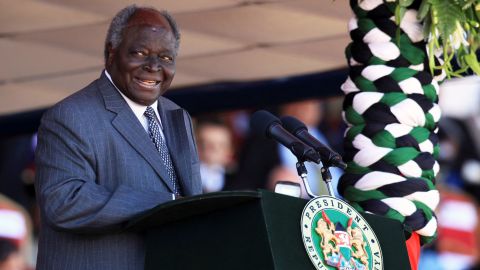 Kenya's then-President Mwai Kibaki delivers his speech during the national celebrations to mark the 49th Jamhuri Day, the day when Kenya gained independence, at Nyayo National Stadium in Nairobi December 12, 2012.