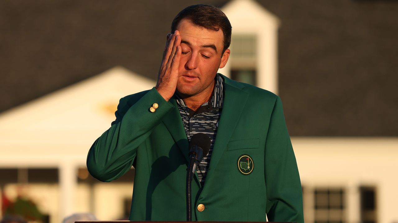 Scheffler speaks during the green jacket ceremony after winning the Masters.