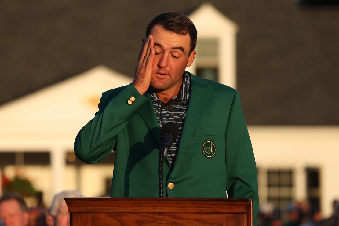 Scheffler speaks during the green jacket ceremony after winning the Masters.