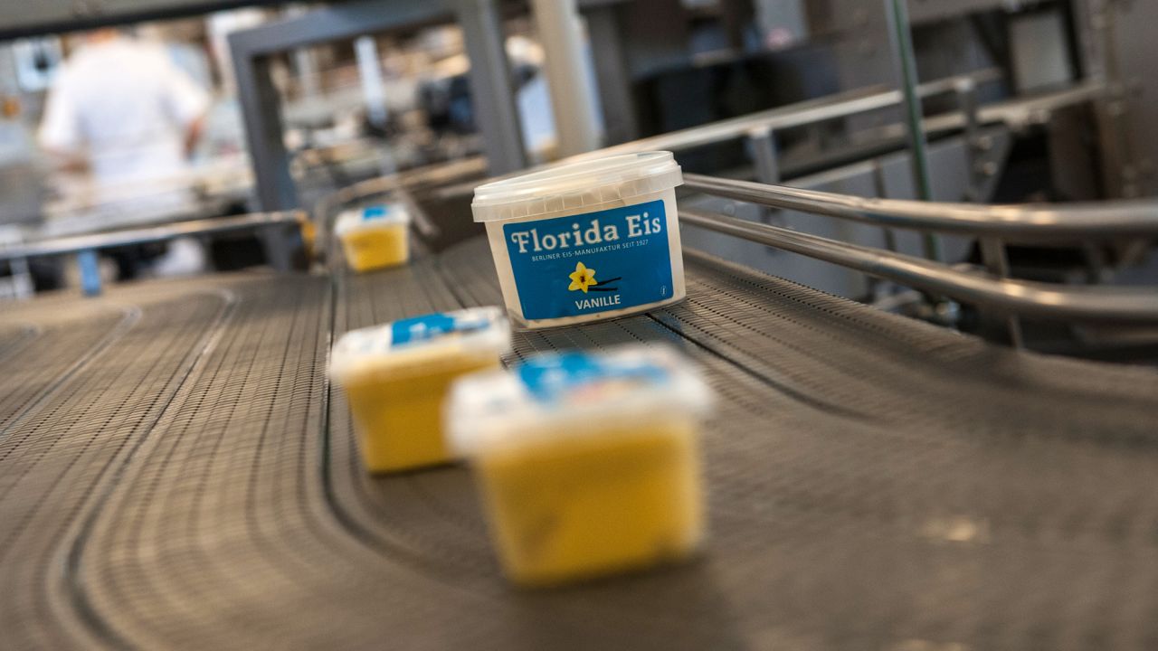 Ice cream boxes are pictured on a conveyor belt of ice cream manufacturer Florida Eis in Berlin, Germany, in July 2015.