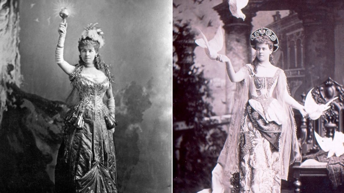Alice Claypoole Vanderbilt in her "Electric Light" gown (left) and Alva Vanderbilt in her costume of a "Venetian Renaissance Lady" at the Vanderbilt Ball (right). 