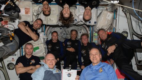 The 11-person crew aboard the International Space Station on April 9, 2022. Clockwise from bottom right: Expedition 67 Commander Tom Marshburn with Flight Engineers Oleg Artemyev, Denis Matveev, Sergey Korsakov, Raja Chari, Kayla Barron, and Matthias Maurer; and Axiom Mission 1 astronauts (center row from left) Mark Pathy, Eytan Stibbe, Larry Conner, and Michael Lopez-Alegria.