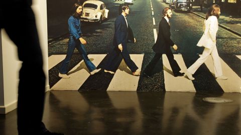 A 2009 Beatles exhibit in Hamburg, Germany. On the "Abbey Road" cover, Paul McCartney goes barefoot.