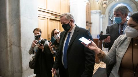 Former White House Chief of Staff Mark Meadows departs the US Capitol following the first day of the second impeachment trial of former U.S. President Donald Trump on February 9, 2021.