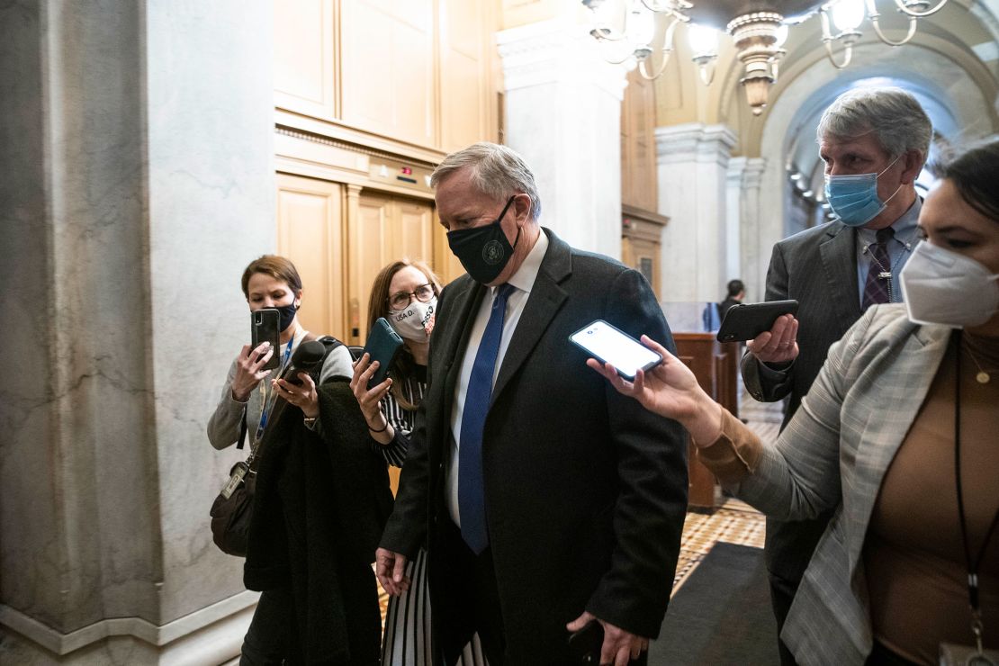 Former White House Chief of Staff Mark Meadows departs the US Capitol following the first day of the second impeachment trial of former U.S. President Donald Trump on February 9, 2021.