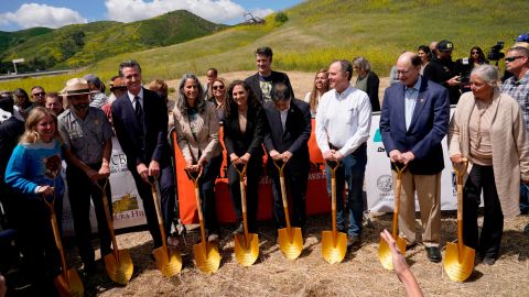 California Gov. Gavin Newsom, third from left, joins other dignitaries during a groundbreaking ceremony for the Wallis Annenberg Wildlife Crossing on Friday.