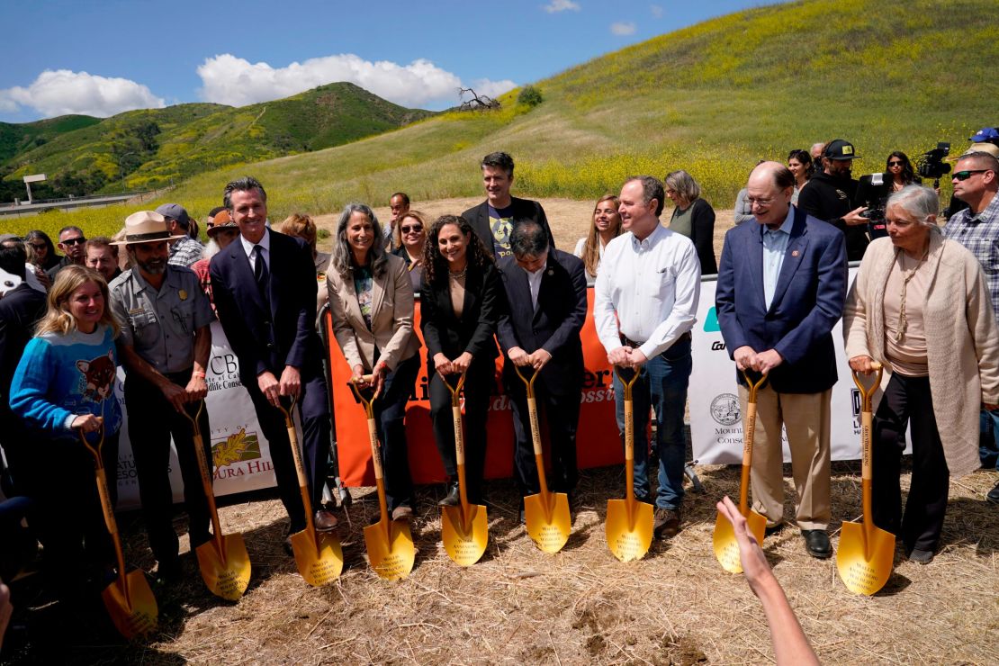 California Gov. Gavin Newsom, third from left, joins other dignitaries during a groundbreaking ceremony for the Wallis Annenberg Wildlife Crossing on Friday.