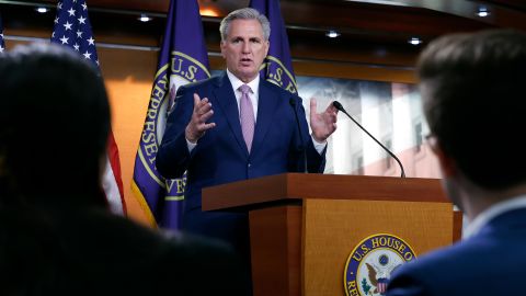 House Minority Leader Kevin McCarthy talks to reporters at the US Capitol Visitor Center in Washington, DC, on March 18, 2022.