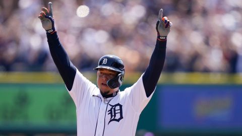 Detroit Tigers designated hitter Miguel Cabrera reacts on first base after his 3,000th career hit Saturday in Detroit. 