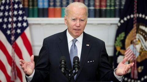 President Joe Biden delivers remarks on Russia and Ukraine from the Roosevelt Room of the White House on April 21, 2022 in Washington, DC. 