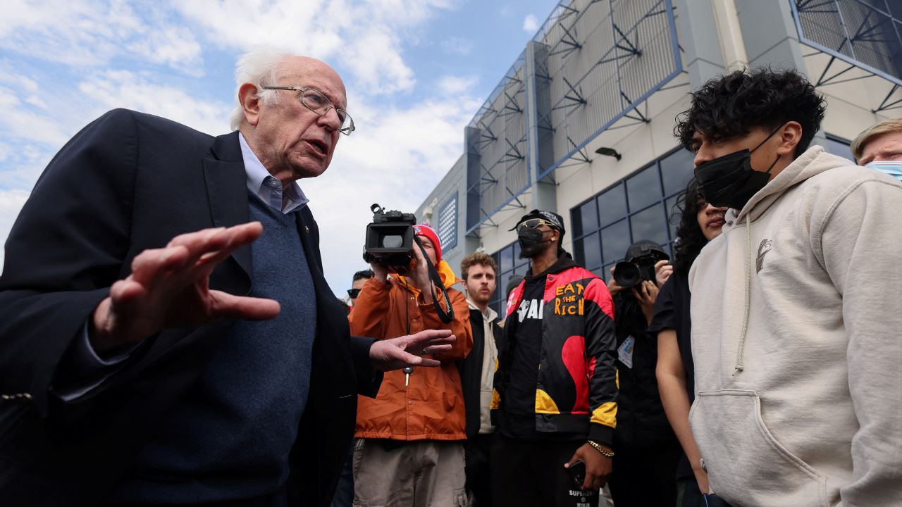 U.S. Senator Bernie Sanders (I-VT) meets workers at an Amazon facility during a rally in Staten Island, New York City, U.S., April 24, 2022.