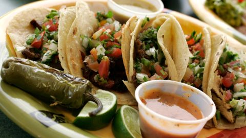 A variety of tacos from La Pasadita Restaurant in Fort Worth, Texas, include from left steak fajita, al pastor, barbacoa, carnitas and chicken. 