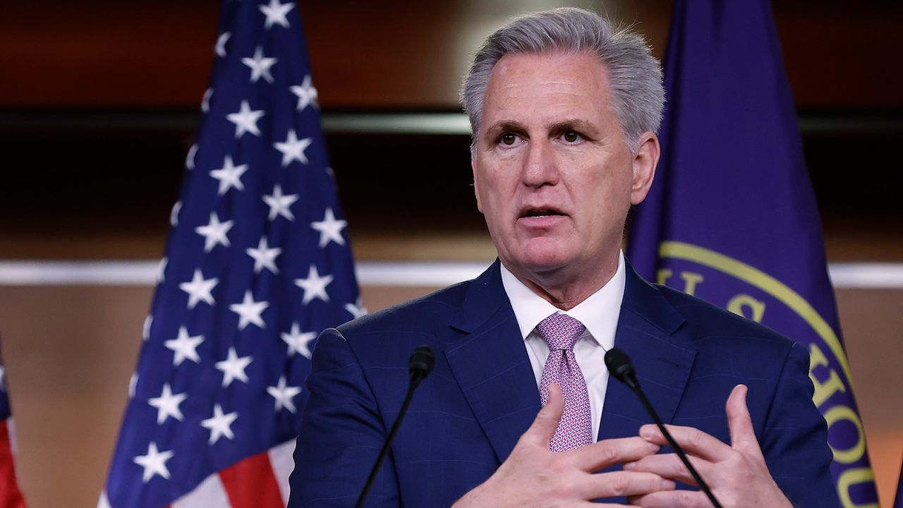 WASHINGTON, DC - MARCH 18: House Minority Leader Kevin McCarthy (R-CA) talks to reporters during his weekly news conference in the U.S. Capitol Visitors Center on March 18, 2022 in Washington, DC. McCarthy blamed Democrats for national and state policies that he said hinder domestic energy production, which results in more opportunities for Russia to sell its oil and natural gas. (Photo by Chip Somodevilla/Getty Images)
