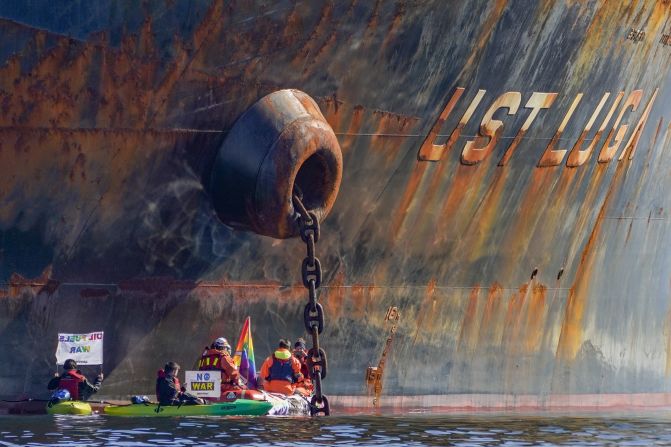 Greenpeace activists protest near the ship Ust Luga in the harbor of Aasgaardstrand, Norway, on Monday, April 25. Activists blocked the tanker from unloading Russian oil to an Exxon Mobil terminal, <a href="index.php?page=&url=https%3A%2F%2Fwww.reuters.com%2Fworld%2Feurope%2Fgreenpeace-blocks-tanker-delivering-russian-oil-norway-2022-04-25%2F" target="_blank" target="_blank">according to the Reuters news agency.</a>