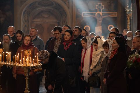 People pray during an Easter church service at St. Michael's Cathedral in Kyiv on April 24.