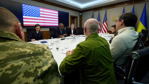 US Secretary of State Antony Blinken and US Defense Secretary Lloyd Austin attend a meeting in Kyiv with Ukrainian President Volodymyr Zelensky on April 24.