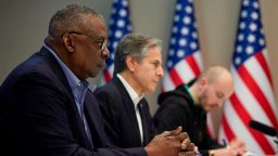 In this photo provided by the Ukrainian Presidential Press Office on Monday, April 25, 2022, U.S. Secretary of Defense Lloyd Austin, left, and Secretary of State Antony Blinken, center, attend their meeting Sunday, April 24, 2022, with Ukrainian President Volodymyr Zelenskyy, not in the picture, in Kyiv, Ukraine. (Ukrainian Presidential Press Office via AP)