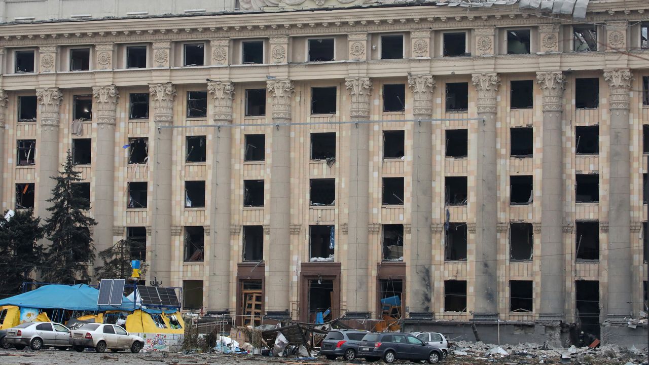 The Kharkiv Regional State Administration building's windows were all shattered after a missile hit nearby Freedom Square on March 1.  