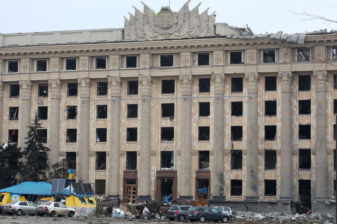 The Kharkiv Regional State Administration building's windows were all shattered after a missile hit nearby Freedom Square on March 1.  