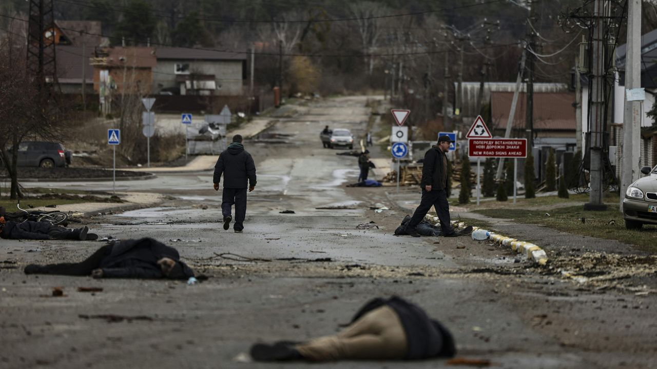 Bodies on a street in Bucha, outside of Kyiv, after Russian forces retreated from northern areas around the capital, April 2.
