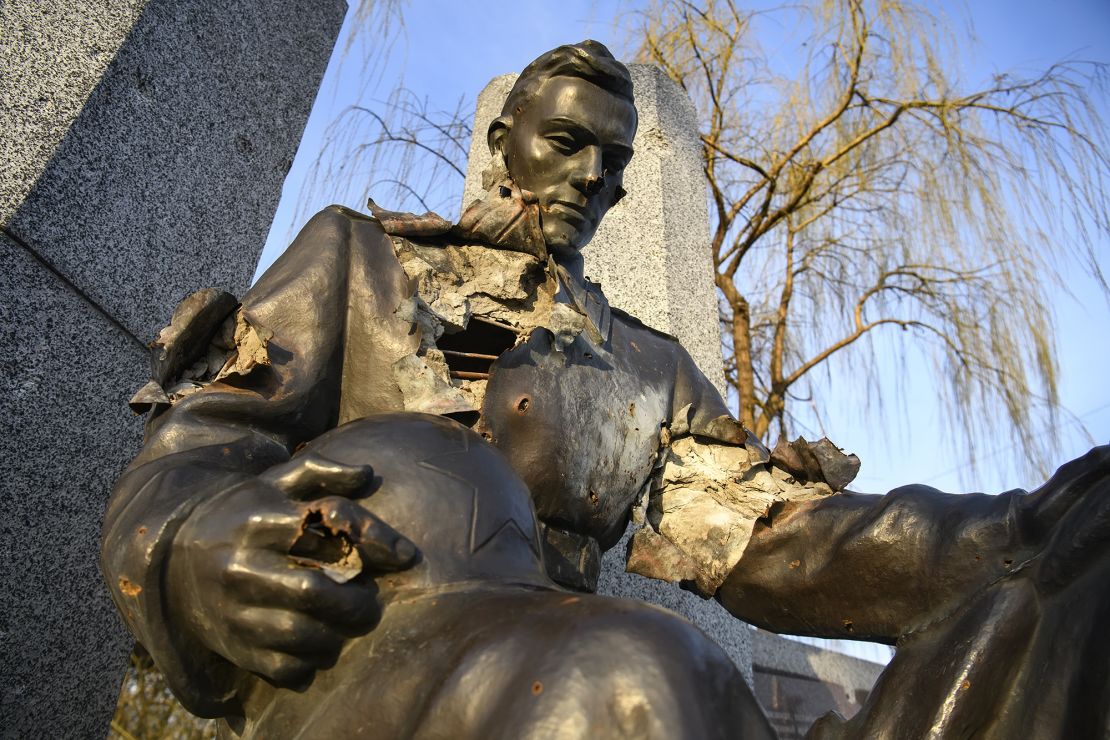 Monument to Second World War Soviet soldiers, damaged by shelling, in the Kyiv area, April 6. 