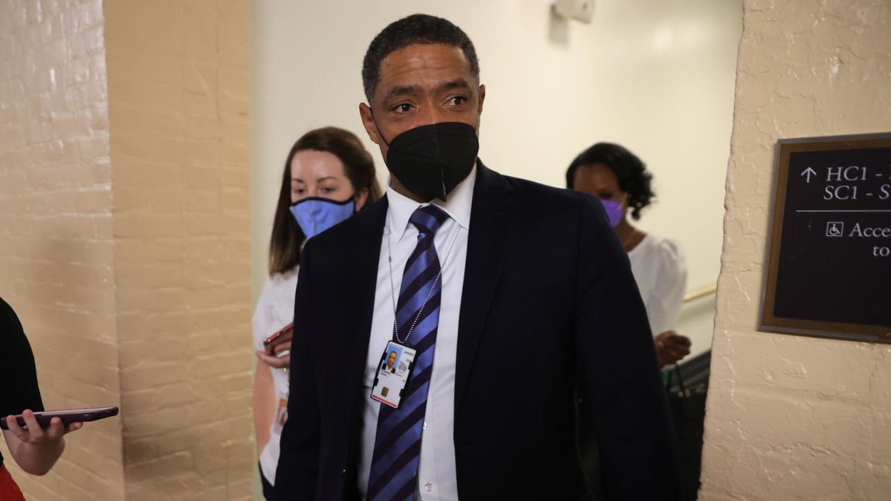 Senior adviser to the President and Director of the White House Office of Public Engagement Cedric Richmond leaves a House Democratic whip meeting in the basement of the US Capitol on September 29, 2021, in Washington.