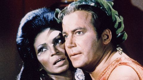 Nichelle Nichols and William Shatner in the original "Star Trek." The actors'  interracial kiss onscreen was considered bold for its time.