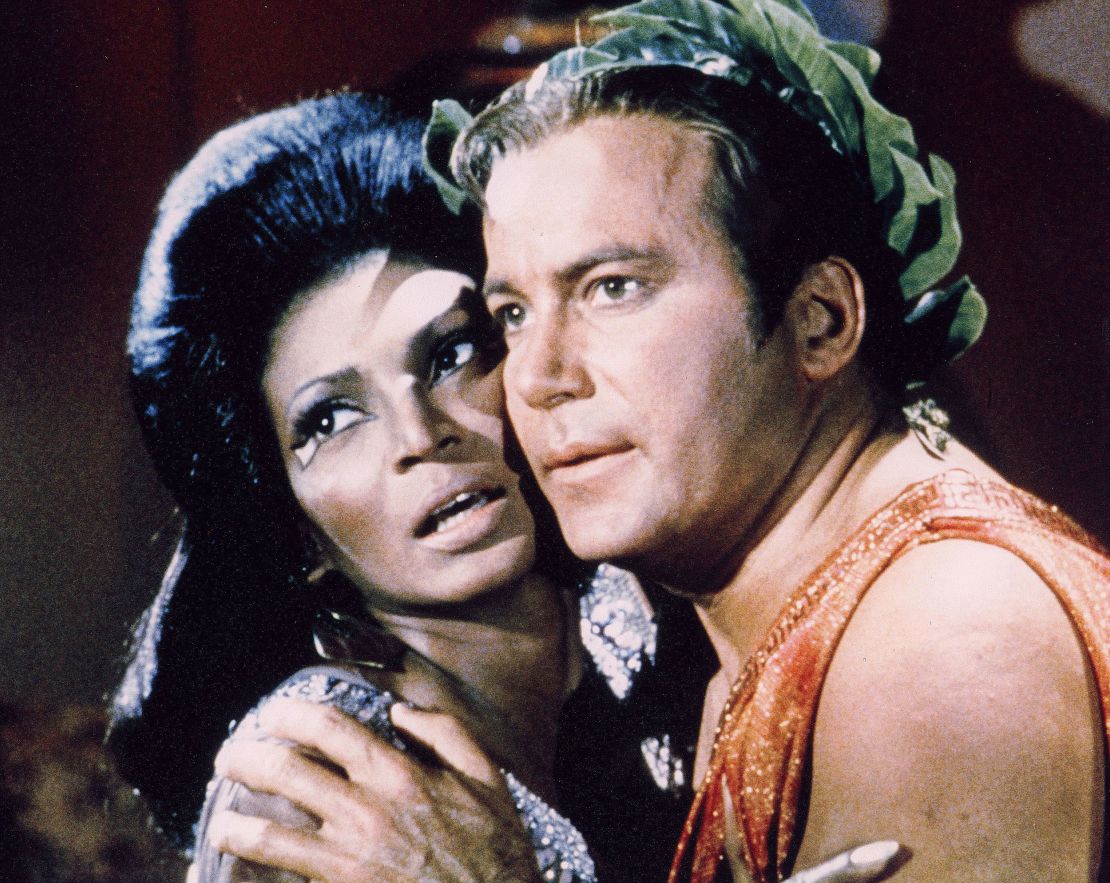 Nichelle Nichols and William Shatner in the original "Star Trek." The actors'  interracial kiss onscreen was considered bold for its time.