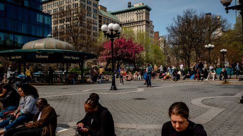 People hanging out at Union Square in New York City. 
