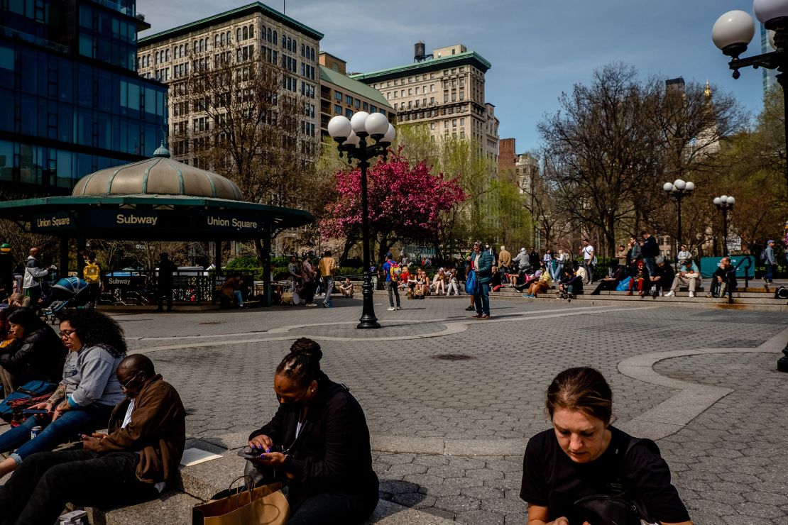 People hanging out at Union Square in New York City. 