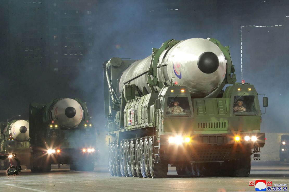 This picture taken Monday and released from North Korea's official Korean Central News Agency on Tuesday shows Hwasong-17 intercontinental ballistic missiles during a military parade in Pyongyang.