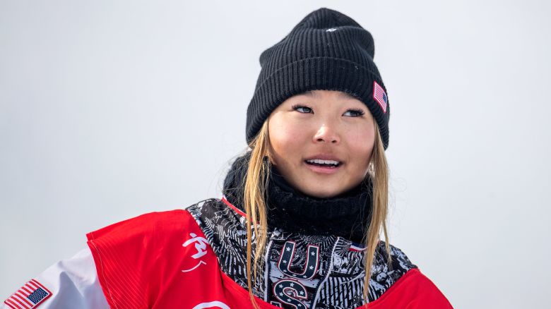 BEIJING, CHINA - February 10:  Chloe Kim of the United States reacts on the podium after winning the gold medal in the Women's Snowboard Halfpipe Final at Genting Snow Park during the Winter Olympic Games on February 10th, 2022 in Zhangjiakou, China.  (Photo by Tim Clayton/Corbis via Getty Images)
