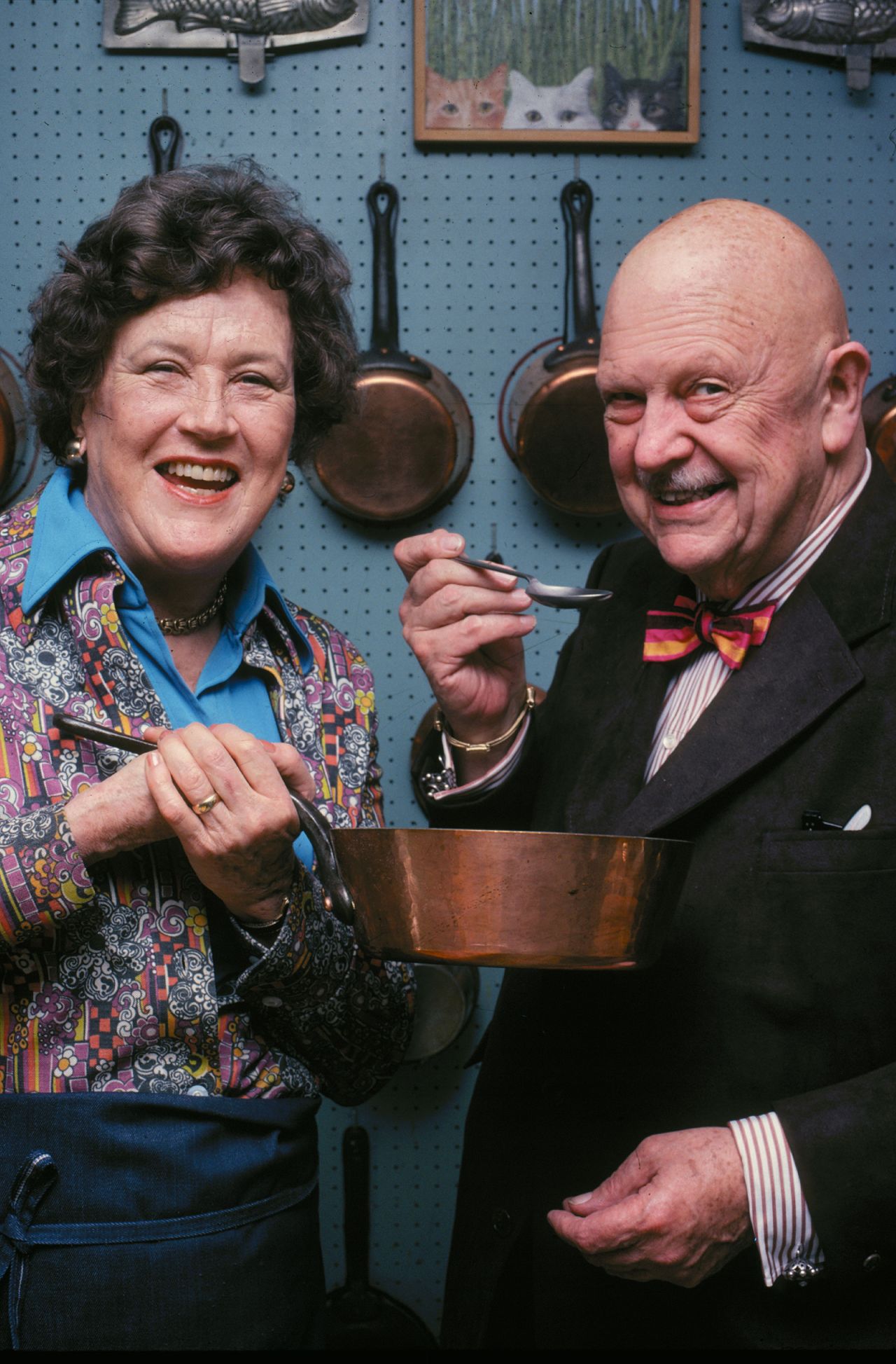 Child and renowned chef James Beard are photographed in Child's kitchen circa 1978. The pair were lifelong friends, meeting shortly after Child's first cookbook was published.