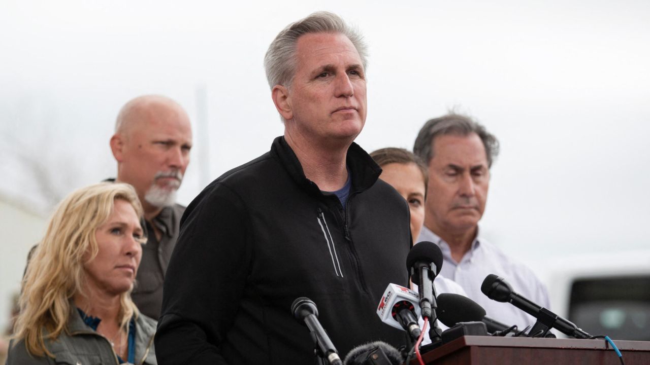 House Minority Leader Kevin McCarthy pauses as he addresses the media during a congressional delegation visit to the southern border town of Eagle Pass, Texas, on April 25, 2022.