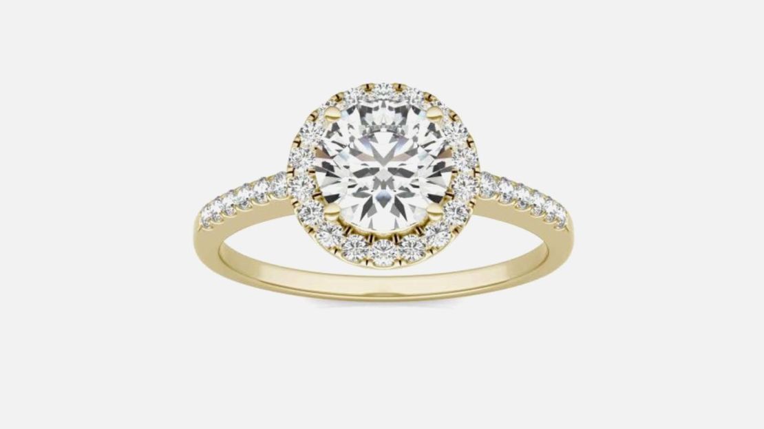 Charles and Colvard's 1 1/3 ctw round Caydia lab grown diamond Halo engagement ring in 14K yellow gold (Price: $2,919.20)