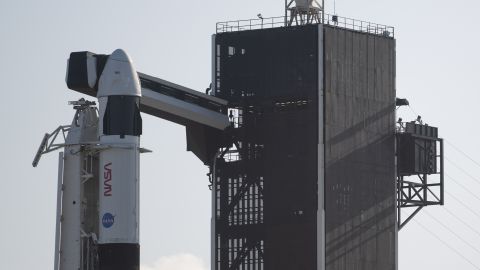 The SpaceX Crew Dragon capsule Falcon 9 rocket used to launch the Crew-4 mission as seen on the launch pad Saturday, April 23 at NASA's Kennedy Space Center in Florida. 